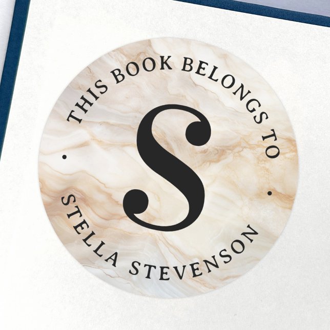Monogramm-Erstklassigkeit Runder Aufkleber (Monogram initial elegant marble library book label)
