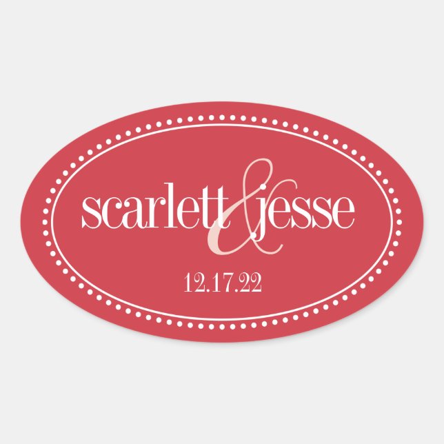 Monogramm-Etikett, Rot, Caroline-Hochzeit Ovaler Aufkleber (Vorderseite)