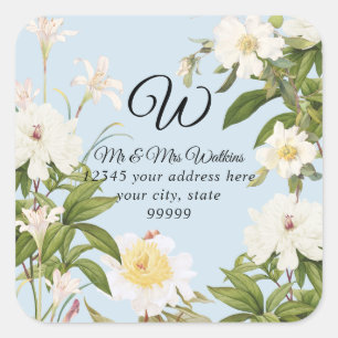 Monogramm Etikett Rückseite Blaue Lilie Rose Pfing Quadratischer Aufkleber