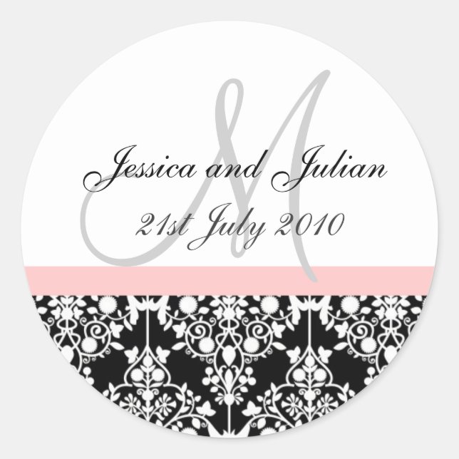 Monogramm-Etiketten - Rosa/Schwarz - Damaskus-Trel Runder Aufkleber (Vorderseite)