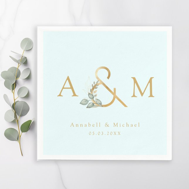 Monogramm, Eukalyptus Ampersand, Blau und Gold Serviette (Monogram, Eucalyptus Ampersand, Blue & Gold Wedding Napkins)