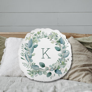 Monogramm Eukalyptus Grün Blätter Hochzeit Rundes Kissen