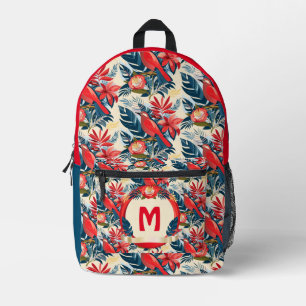 Monogramm Exotische Blumen und rote Vögel Muster B Bedruckter Rucksack