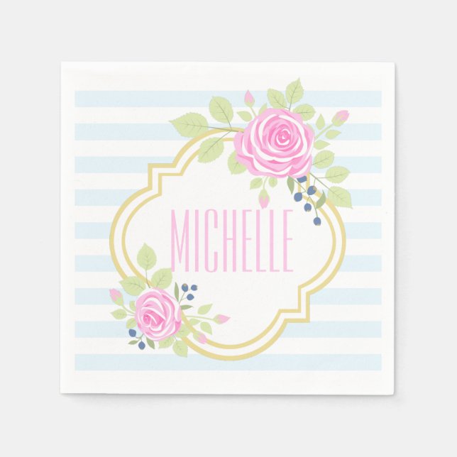 Monogramm Extravagante Rose Blueberepapier Napkins Serviette (Vorderseite)