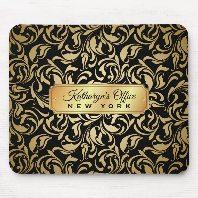 Monogramm-extravagantes Gold blühen schwarzes Luxe Mousepad (Vorne)