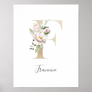 Monogramm F Pink Weiße Florale Gold Buchstabe Kind Poster
