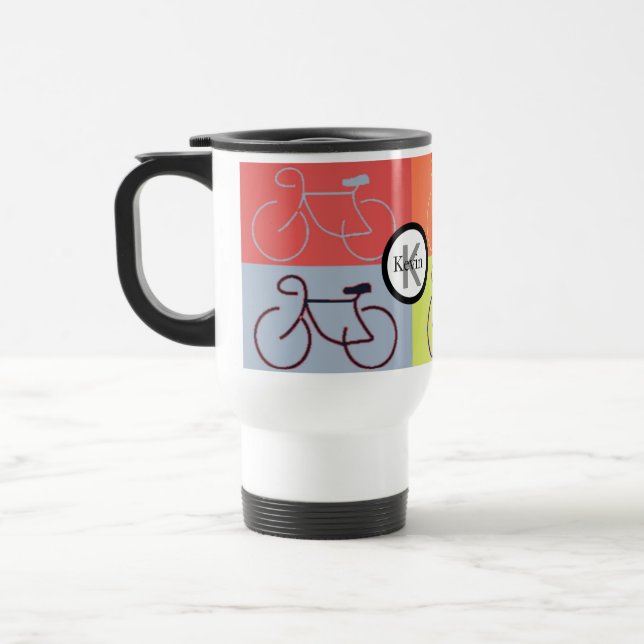 Monogramm-Fahrrad quadriert Rotes, Orange, Grau Reisebecher (Links)