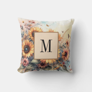 Monogramm Fall Blume und Sonnenblumen Aquarell Kissen