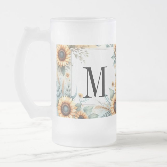 Monogramm Fall Blume und Sonnenblumen Aquarell Mattglas Bierglas (Links)