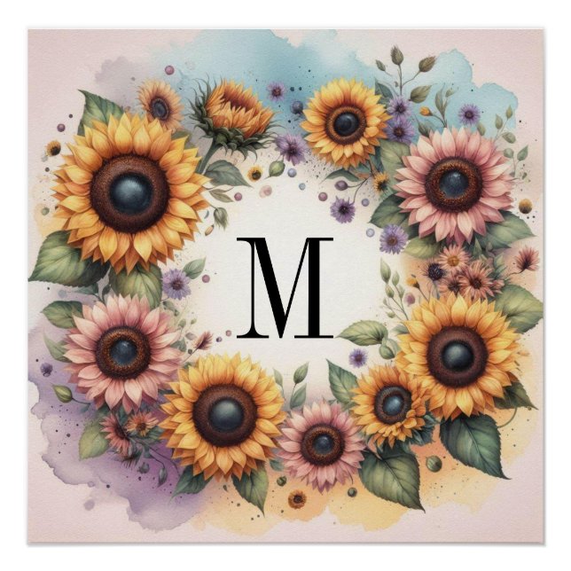 Monogramm Fall Blume und Sonnenblumen Aquarell Poster (Vorderseite)