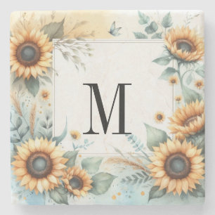 Monogramm Fall Blume und Sonnenblumen Aquarell Steinuntersetzer