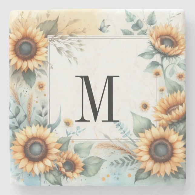 Monogramm Fall Blume und Sonnenblumen Aquarell Steinuntersetzer (Vorderseite)