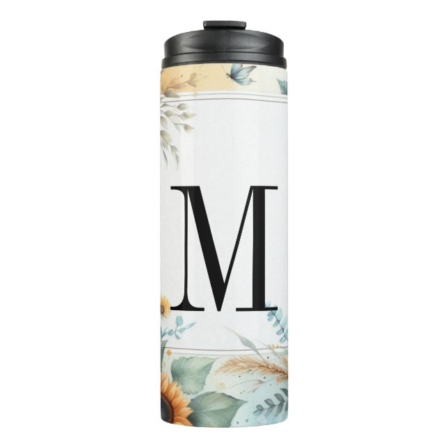 Monogramm Fall Blume und Sonnenblumen Aquarell Thermosbecher (Vorderseite)