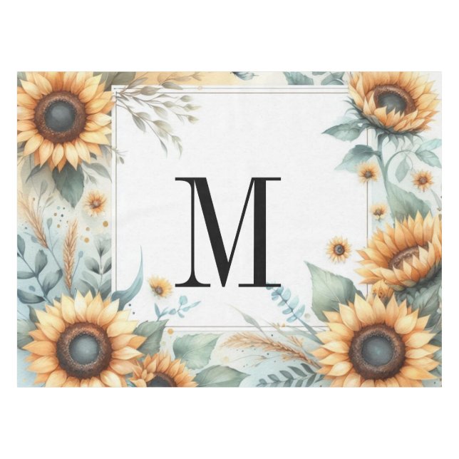 Monogramm Fall Blume und Sonnenblumen Aquarell Tischdecke (Vorderseite (Horizontal))