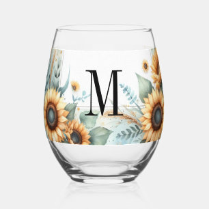 Monogramm Fall Blume und Sonnenblumen Aquarell Weinglas Ohne Stiel