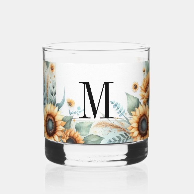 Monogramm Fall Blume und Sonnenblumen Aquarell Whiskyglas (Vorderseite)