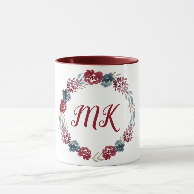 Monogramm Fall Floral Wreath Burgundy Tasse (Zentrum)