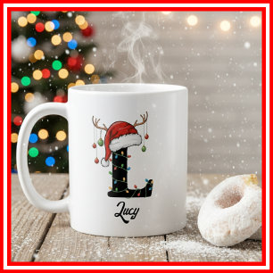 Monogramm-Familien-Weihnachten-Geweih-Santa-Hut FO Kaffeetasse