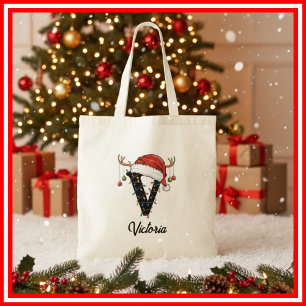 Monogramm-Familien-Weihnachts-Geweih-Nikolausmütze Tragetasche