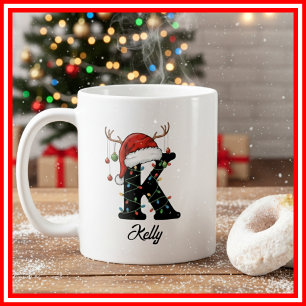 Monogramm-Familien-Weihnachts-Geweih-Santa-Hut-FOT Kaffeetasse