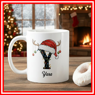 Monogramm-Familien-Weihnachts-Geweih-Santa-Hut-FOT Kaffeetasse