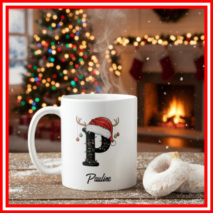 Monogramm-Familien-Weihnachts-Geweih-Santa-Hut-FOT Kaffeetasse
