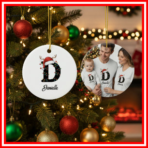 Monogramm-Familien-Weihnachts-Geweih-Santa-Hut-FOT Keramik Ornament