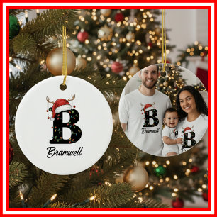 Monogramm-Familien-Weihnachts-Geweih-Santa-Hut-FOT Keramik Ornament