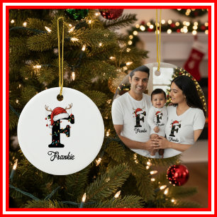 Monogramm-Familien-Weihnachts-Geweih-Santa-Hut-FOT Keramik Ornament