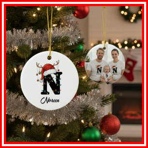Monogramm-Familien-Weihnachts-Geweih-Santa-Hut-FOT Keramik Ornament