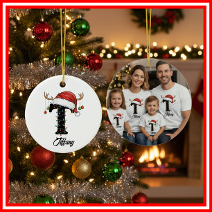 Monogramm-Familien-Weihnachts-Geweih-Santa-Hut-FOT Keramik Ornament