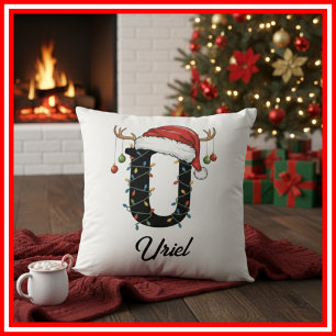 Monogramm Familien-Weihnachts-Geweih-Santa-Hut  Kissen