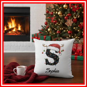 Monogramm Familien-Weihnachts-Geweih-Santa-Hut  Kissen