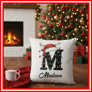 Monogramm Familien-Weihnachts-Geweih-Santa-Hut  Kissen