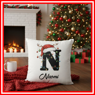 Monogramm Familien-Weihnachts-Geweih-Santa-Hut  Kissen
