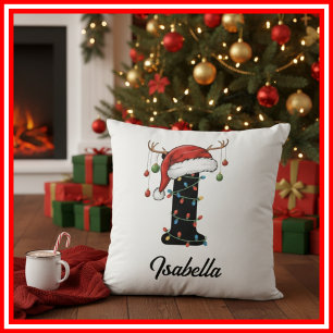 Monogramm Familien-Weihnachts-Geweih-Santa-Hut  Kissen