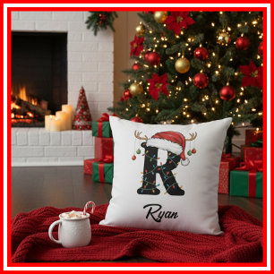 Monogramm Familien-Weihnachts-Geweih-Santa-Hut  Kissen