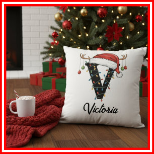 Monogramm Familien-Weihnachts-Geweih-Santa-Hut  Kissen