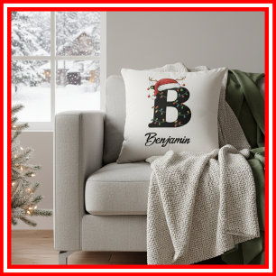 Monogramm Familien-Weihnachts-Geweih-Santa-Hut  Kissen