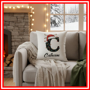 Monogramm Familien-Weihnachts-Geweih-Santa-Hut  Kissen