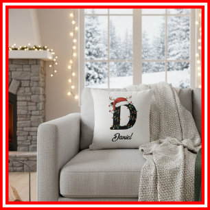 Monogramm Familien-Weihnachts-Geweih-Santa-Hut Kissen