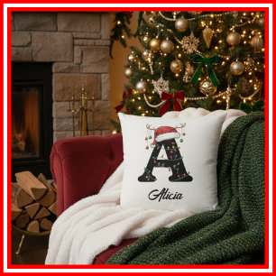 Monogramm Familien-Weihnachts-Geweih-Santa-Hut  Kissen