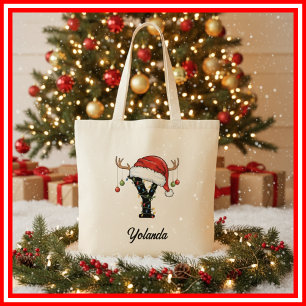 Monogramm-Familien-Weihnachts-Geweih-Santa-Hut-Tas Tragetasche