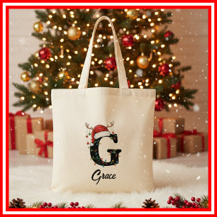 Monogramm Familien-Weihnachts-Geweih Santa Hut Tragetasche