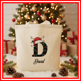 Monogramm Familien-Weihnachts-Geweih-Santa-Hut  Tragetasche