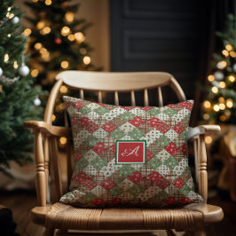 Monogramm-Familien-Weihnachts-Patchwork Grün Rot Kissen