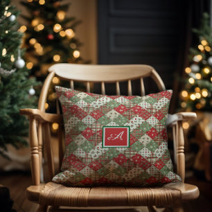 Monogramm-Familien-Weihnachts-Patchwork Grün Rot  Kissen