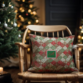Monogramm-Familien-Weihnachts-Patchwork Grün Rot Kissen