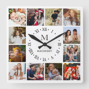 Monogramm-Familienfoto Quadratische Wanduhr