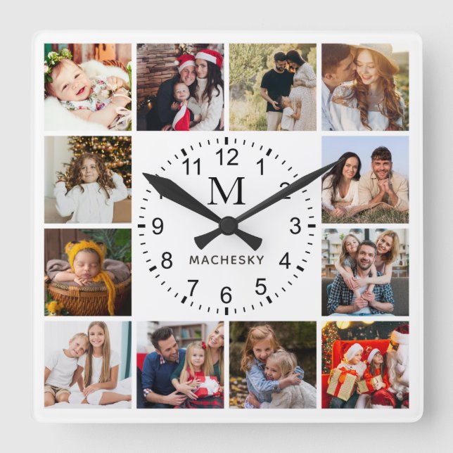 Monogramm-Familienfoto Quadratische Wanduhr (Vorderseite)